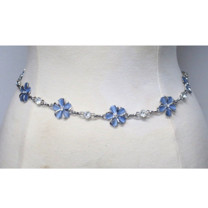 Blue Floral Rhinestone Silver Tone Chain Waist Belt Adjustable NWT