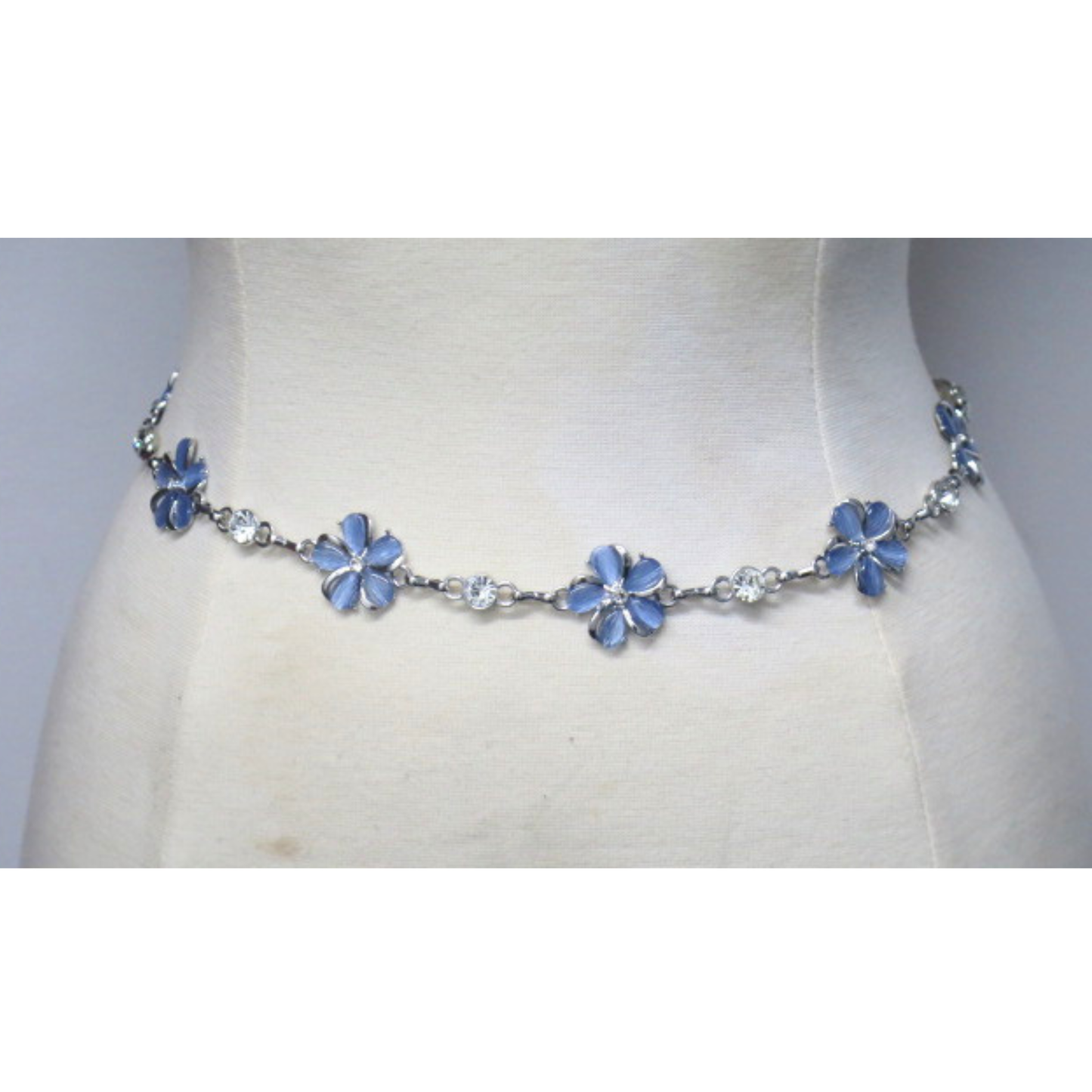 Blue Floral Rhinestone Silver Tone Chain Waist Belt Adjustable NWT