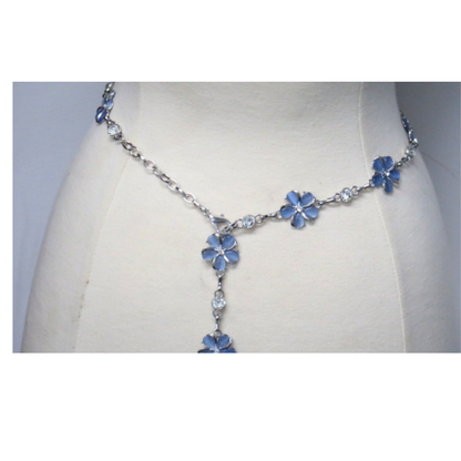 Blue Floral Rhinestone Silver Tone Chain Waist Belt Adjustable NWT