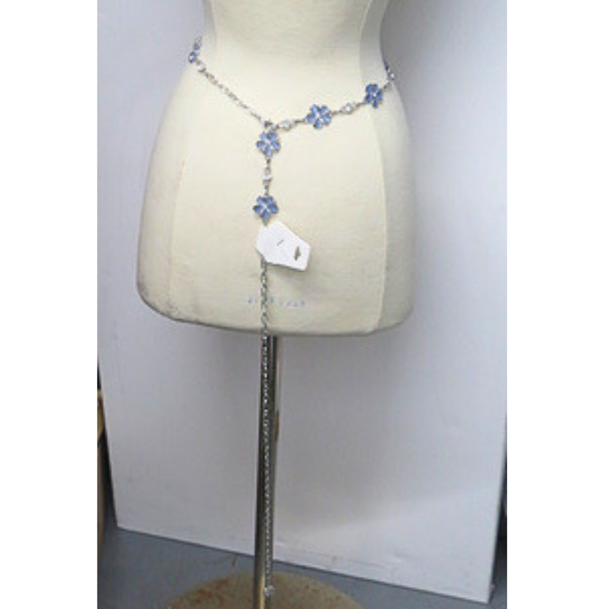 Blue Floral Rhinestone Silver Tone Chain Waist Belt Adjustable NWT