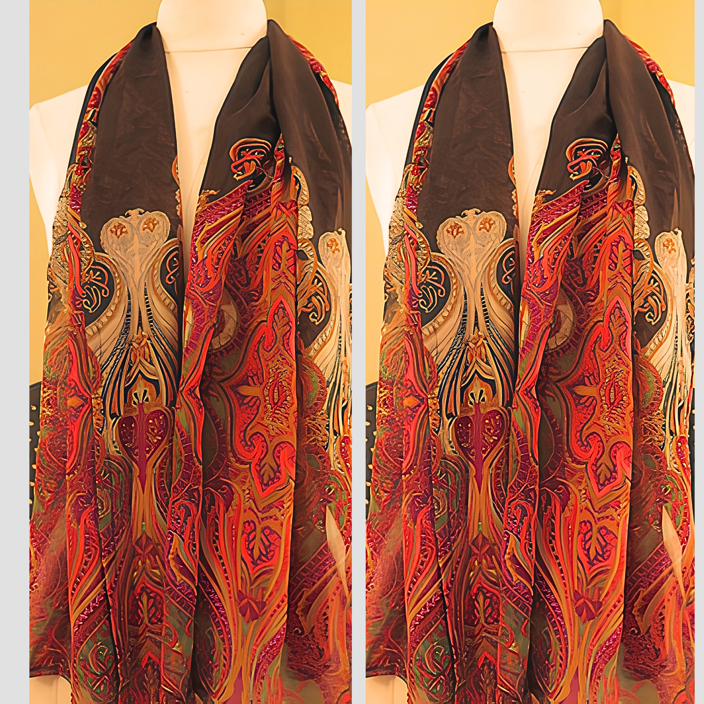 Women's Black Red Paisley Chiffon Scarf & Headband Set | Boho Art Nouveau Print | One Size Fits All Luxury Accessory Set