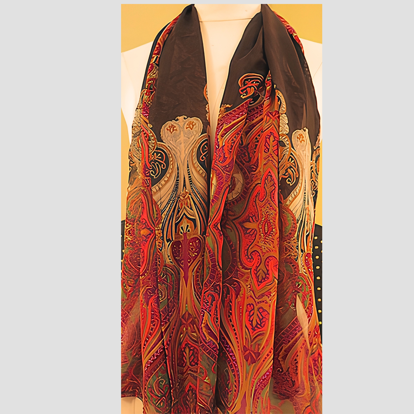 Women's Black Red Paisley Chiffon Scarf & Headband Set | Boho Art Nouveau Print | One Size Fits All Luxury Accessory Set