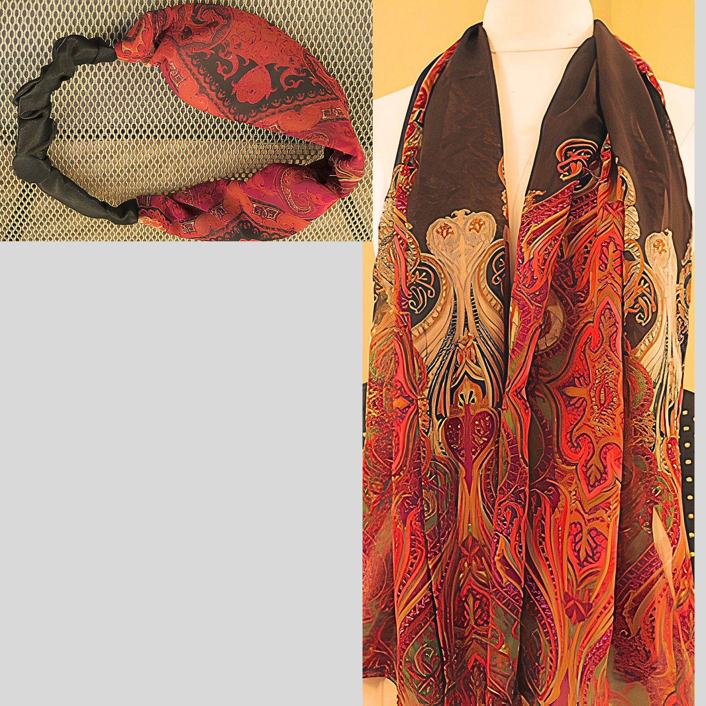 Women's Black Red Paisley Chiffon Scarf & Headband Set | Boho Art Nouveau Print | One Size Fits All Luxury Accessory Set