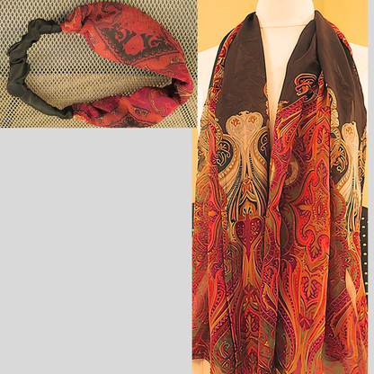 Women's Black Red Paisley Chiffon Scarf & Headband Set | Boho Art Nouveau Print | One Size Fits All Luxury Accessory Set