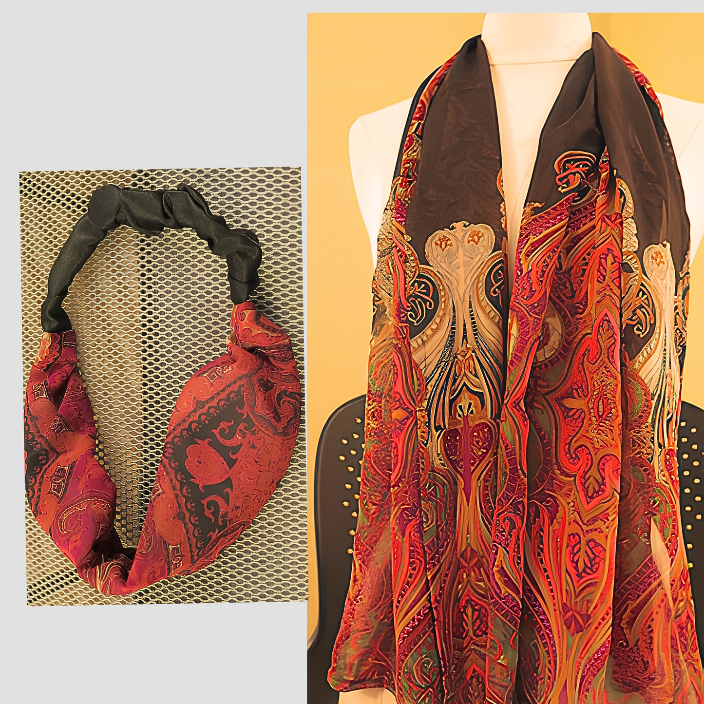 Women's Black Red Paisley Chiffon Scarf & Headband Set | Boho Art Nouveau Print | One Size Fits All Luxury Accessory Set