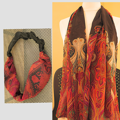Women's Black Red Paisley Chiffon Scarf & Headband Set | Boho Art Nouveau Print | One Size Fits All Luxury Accessory Set