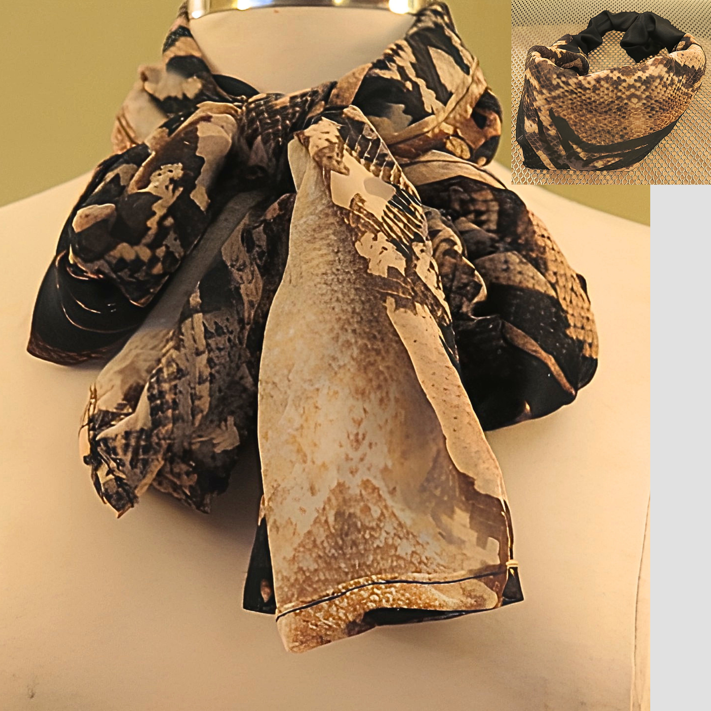Women's Faux Snakeskin Chiffon Scarf & Headband Set | Python Print Long Neck Scarf | One Size Fits All Wild Style Accessory Set