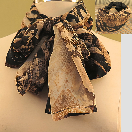Women's Faux Snakeskin Chiffon Scarf & Headband Set | Python Print Long Neck Scarf | One Size Fits All Wild Style Accessory Set