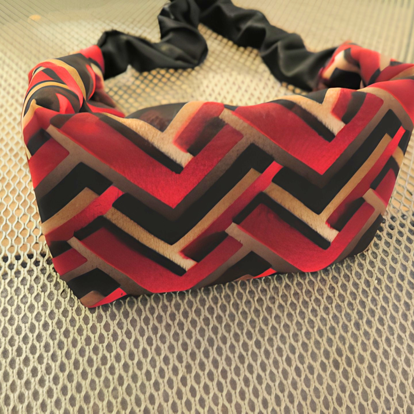 Women's Red Black Geometric Chevron Chiffon Scarf & Headband Set | Bold Zigzag Print | One Size Fits All Fashion Accessory Set