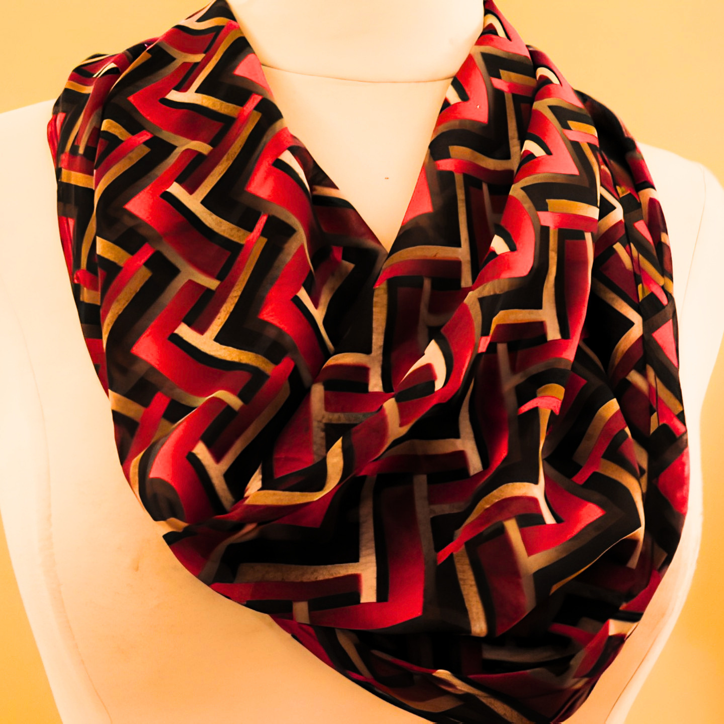 Women's Red Black Geometric Chevron Chiffon Scarf & Headband Set | Bold Zigzag Print | One Size Fits All Fashion Accessory Set