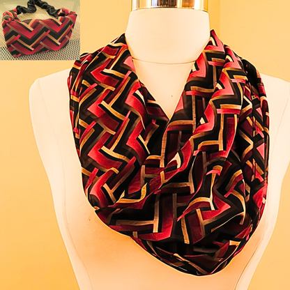 Women's Red Black Geometric Chevron Chiffon Scarf & Headband Set | Bold Zigzag Print | One Size Fits All Fashion Accessory Set