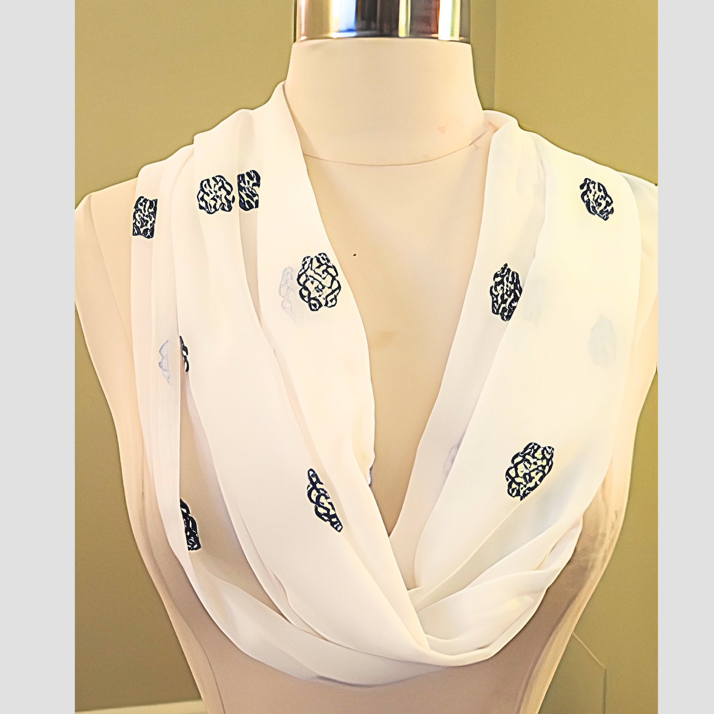 Women's Ivory Navy Blue Block Print Chiffon Scarf & Headband Set | Boho Indian Print | One Size Fits All Elegant Accessory Set