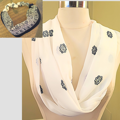 Women's Ivory Navy Blue Block Print Chiffon Scarf & Headband Set | Boho Indian Print | One Size Fits All Elegant Accessory Set