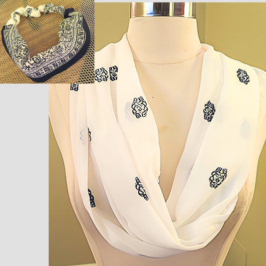 Women's Ivory Navy Blue Block Print Chiffon Scarf & Headband Set | Boho Indian Print | One Size Fits All Elegant Accessory Set