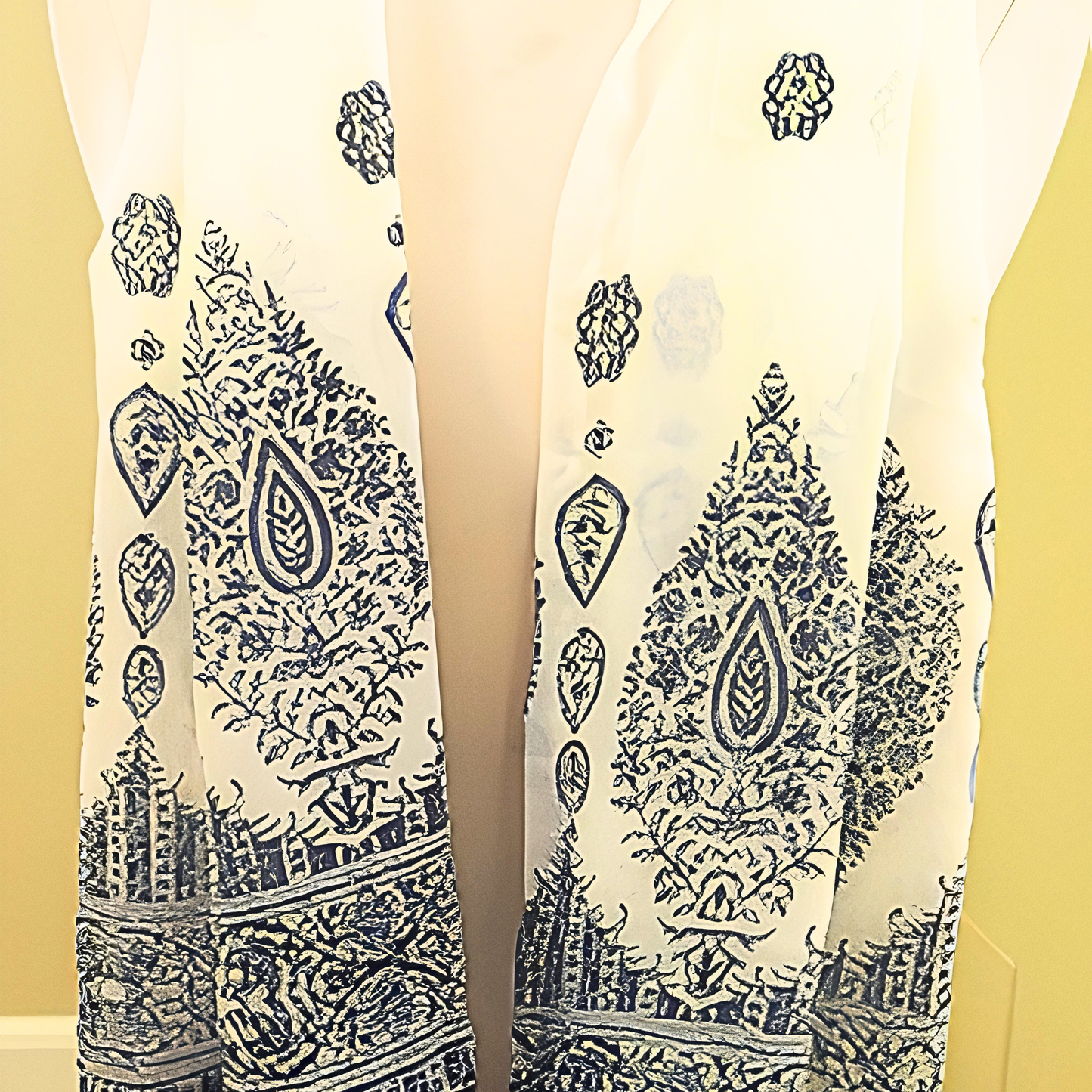 Women's Ivory Navy Blue Block Print Chiffon Scarf & Headband Set | Boho Indian Print | One Size Fits All Elegant Accessory Set