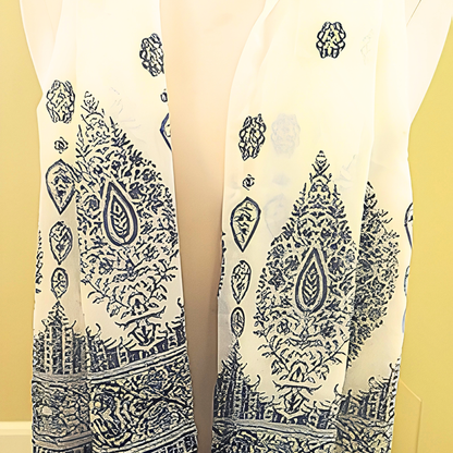 Women's Ivory Navy Blue Block Print Chiffon Scarf & Headband Set | Boho Indian Print | One Size Fits All Elegant Accessory Set