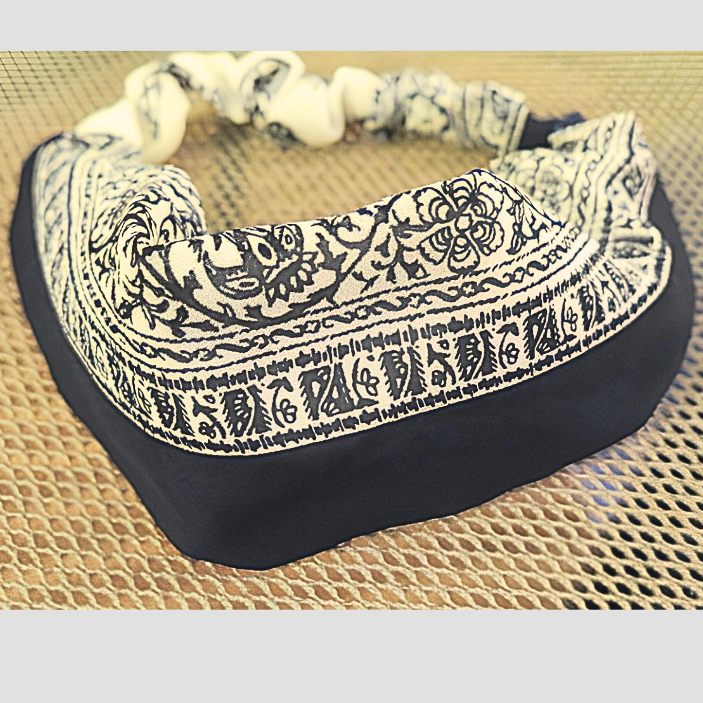 Women's Ivory Navy Blue Block Print Chiffon Scarf & Headband Set | Boho Indian Print | One Size Fits All Elegant Accessory Set