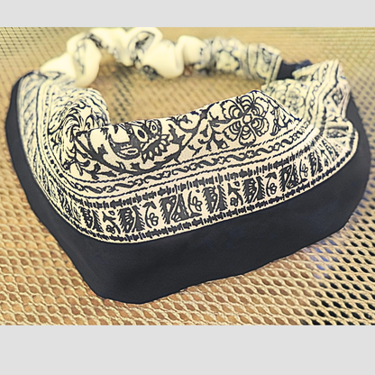 Women's Ivory Navy Blue Block Print Chiffon Scarf & Headband Set | Boho Indian Print | One Size Fits All Elegant Accessory Set