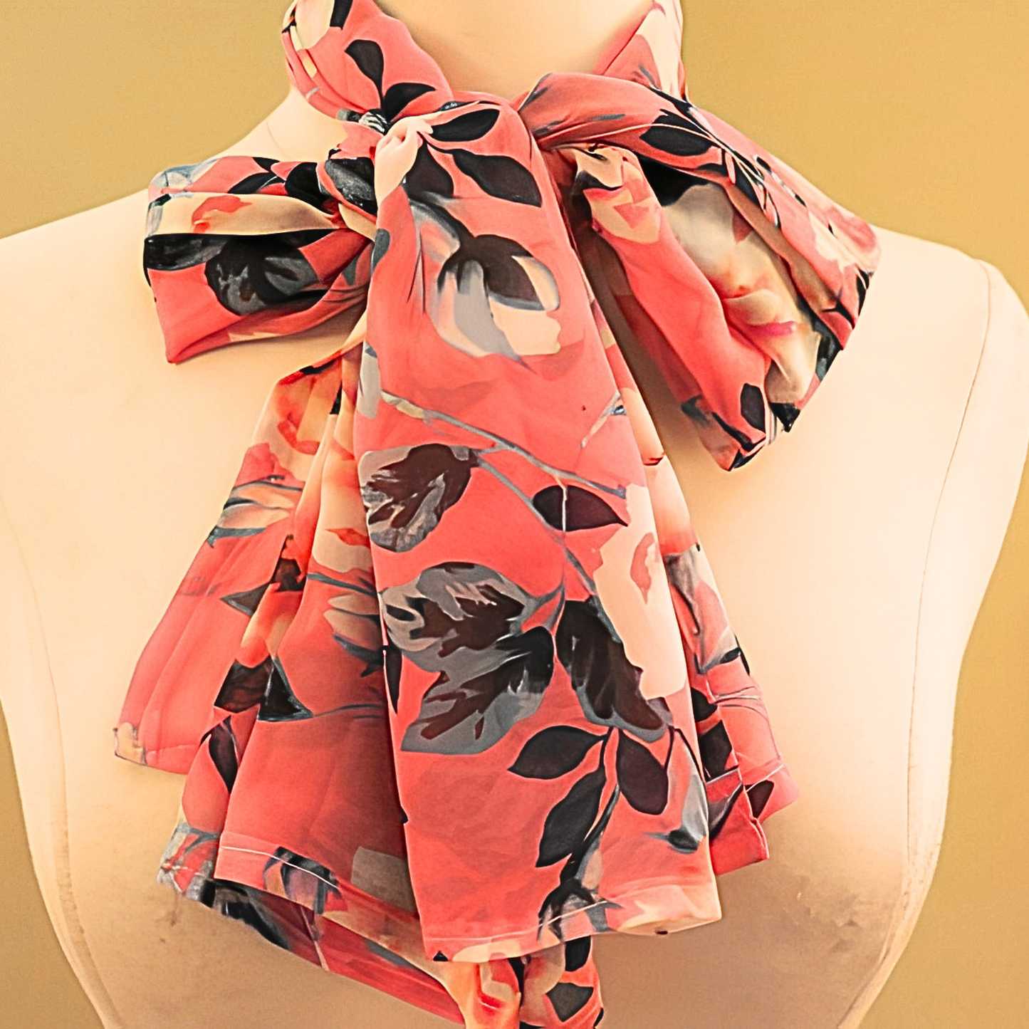 Women's Coral Pink Floral Chiffon Scarf & Headband Set | Bold Bloom Print | One Size Fits All Spring Summer Accessory Set