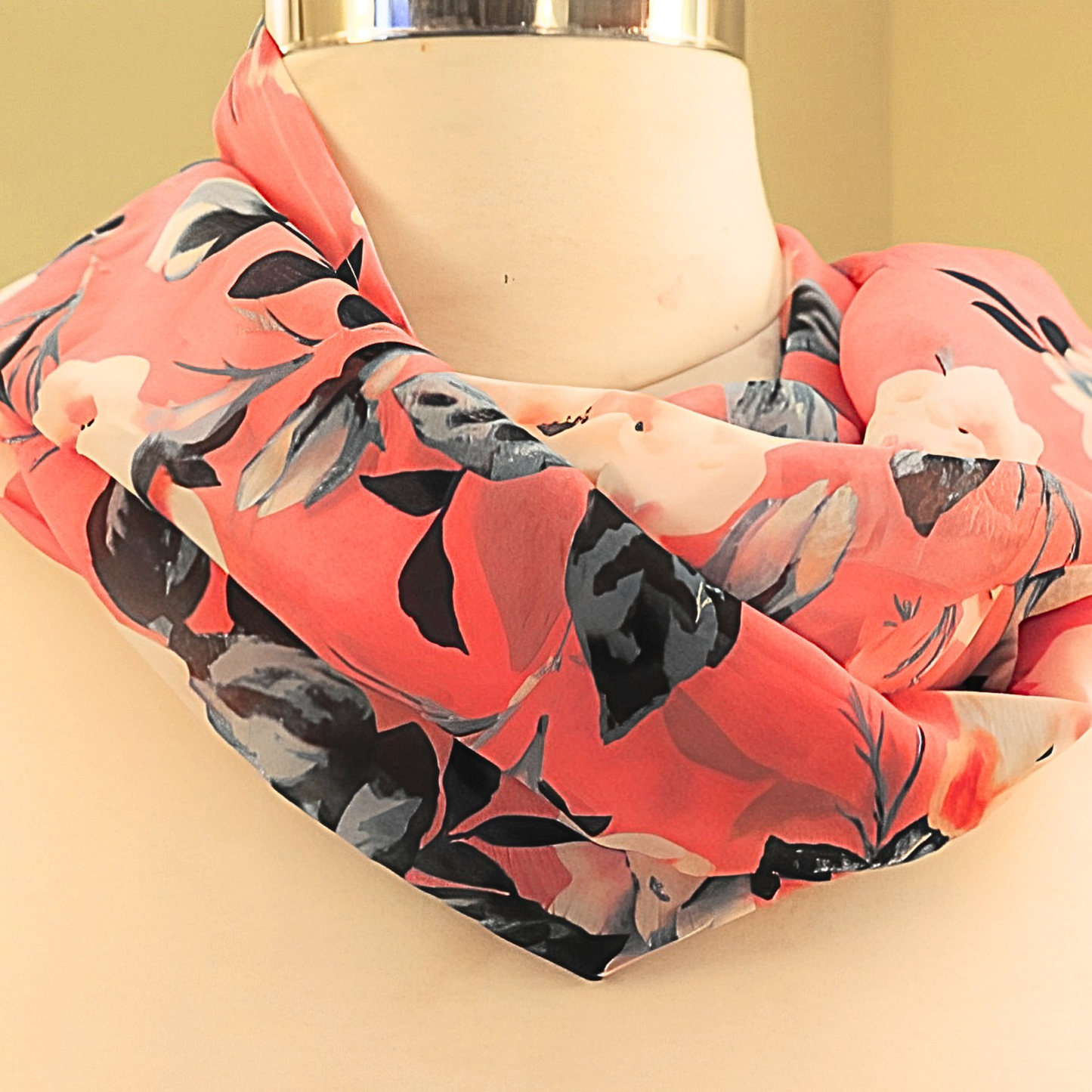 Women's Coral Pink Floral Chiffon Scarf & Headband Set | Bold Bloom Print | One Size Fits All Spring Summer Accessory Set