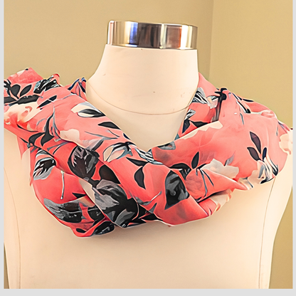 Women's Coral Pink Floral Chiffon Scarf & Headband Set | Bold Bloom Print | One Size Fits All Spring Summer Accessory Set
