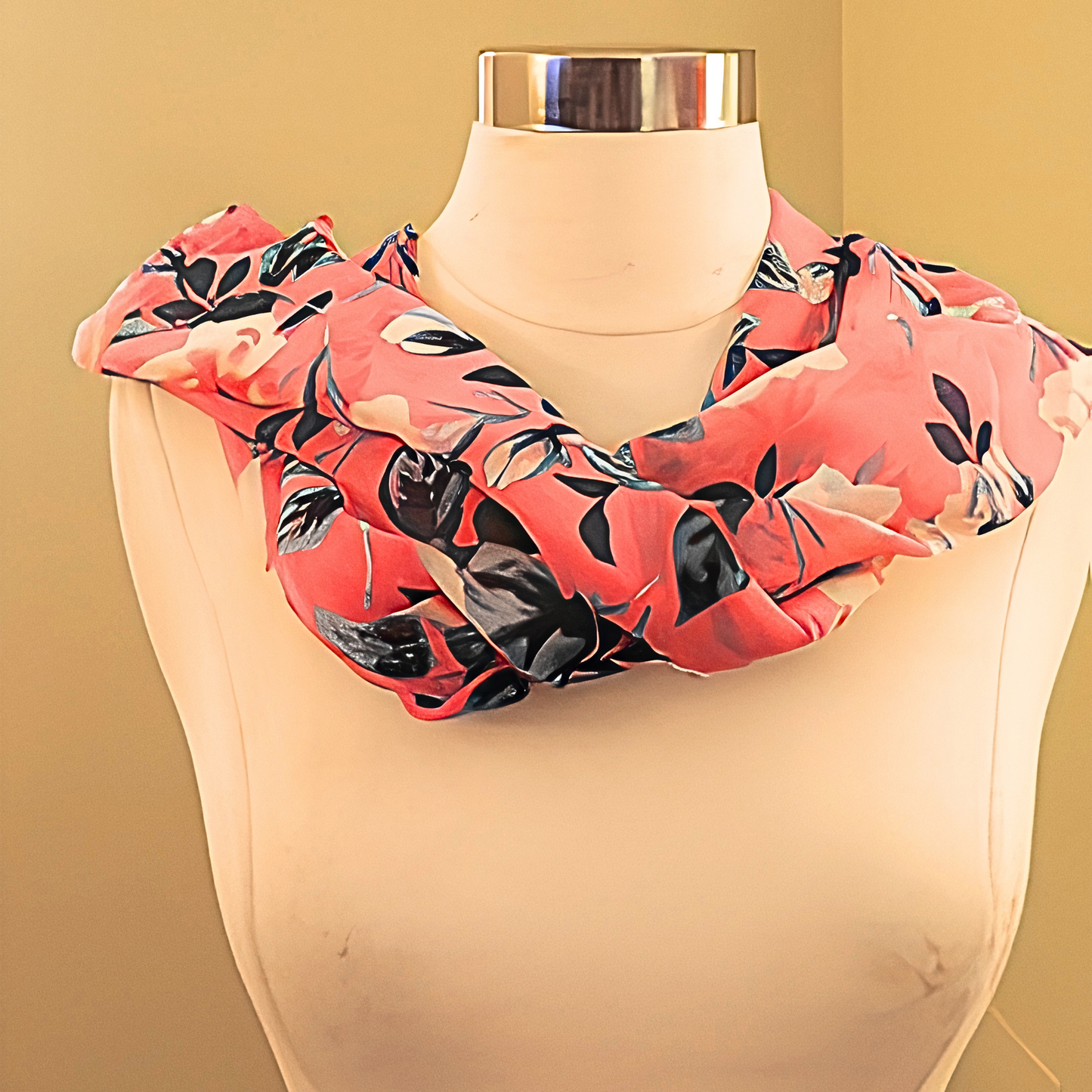 Women's Coral Pink Floral Chiffon Scarf & Headband Set | Bold Bloom Print | One Size Fits All Spring Summer Accessory Set