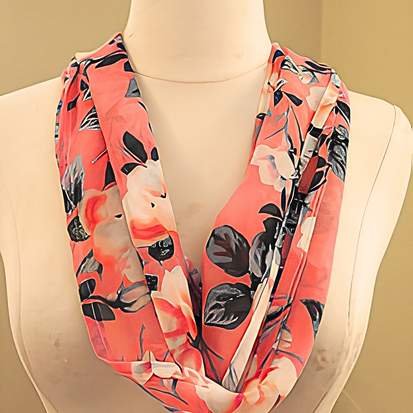Women's Coral Pink Floral Chiffon Scarf & Headband Set | Bold Bloom Print | One Size Fits All Spring Summer Accessory Set