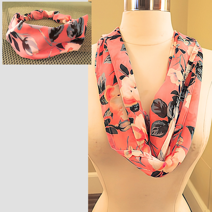 Women's Coral Pink Floral Chiffon Scarf & Headband Set | Bold Bloom Print | One Size Fits All Spring Summer Accessory Set
