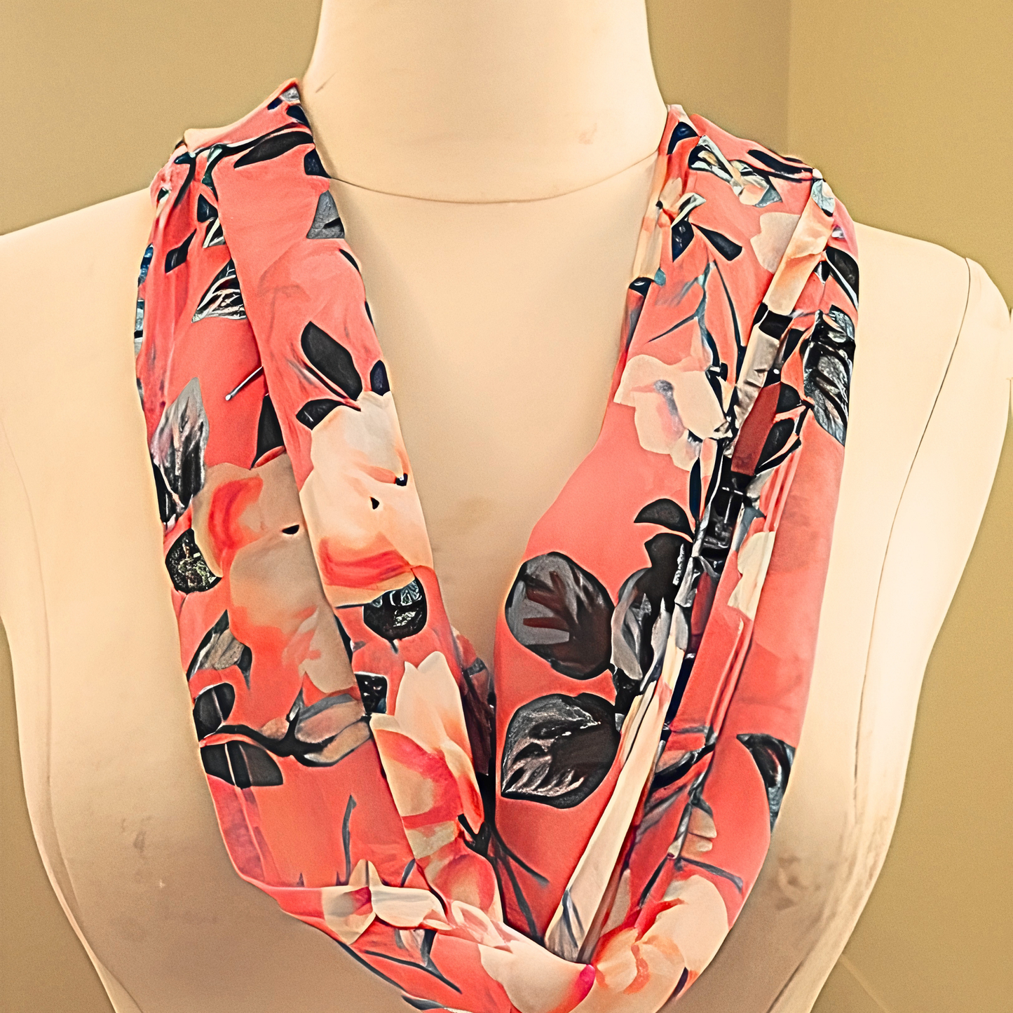 Women's Coral Pink Floral Chiffon Scarf & Headband Set | Bold Bloom Print | One Size Fits All Spring Summer Accessory Set