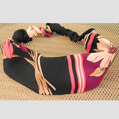 Women's Black Pink Floral Stripe Chiffon Scarf & Headband Set | Magenta Bloom Border Print | One Size Fits All Glamour Accessory Set