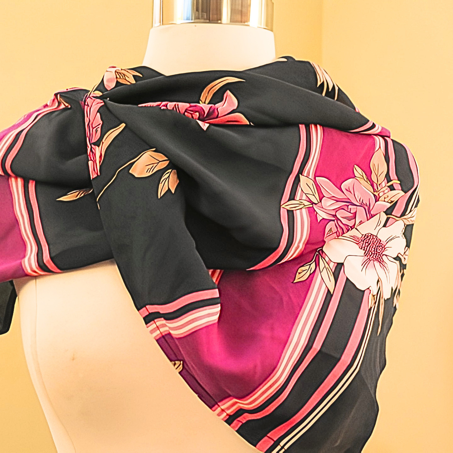Women's Black Pink Floral Stripe Chiffon Scarf & Headband Set | Magenta Bloom Border Print | One Size Fits All Glamour Accessory Set