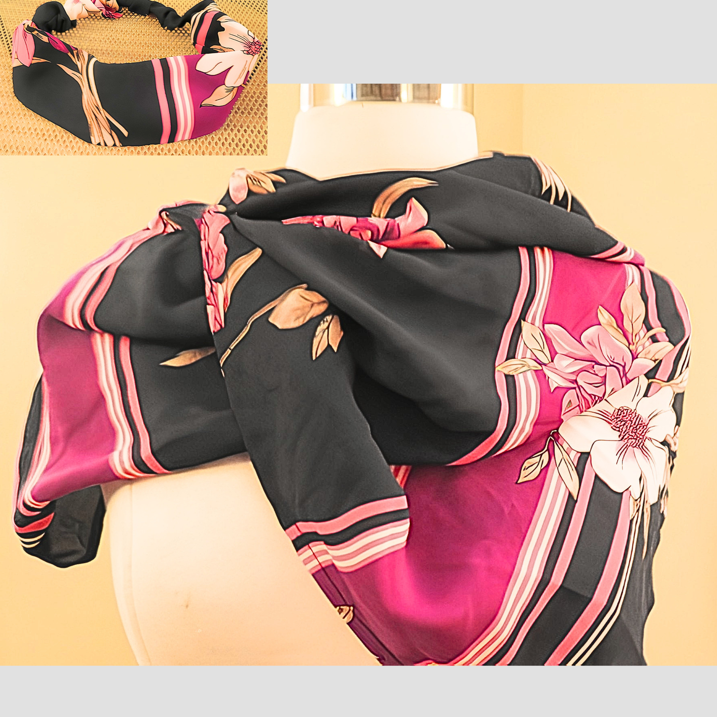 Women's Black Pink Floral Stripe Chiffon Scarf & Headband Set | Magenta Bloom Border Print | One Size Fits All Glamour Accessory Set