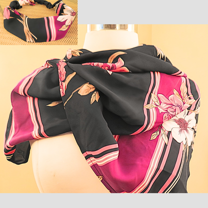 Women's Black Pink Floral Stripe Chiffon Scarf & Headband Set | Magenta Bloom Border Print | One Size Fits All Glamour Accessory Set