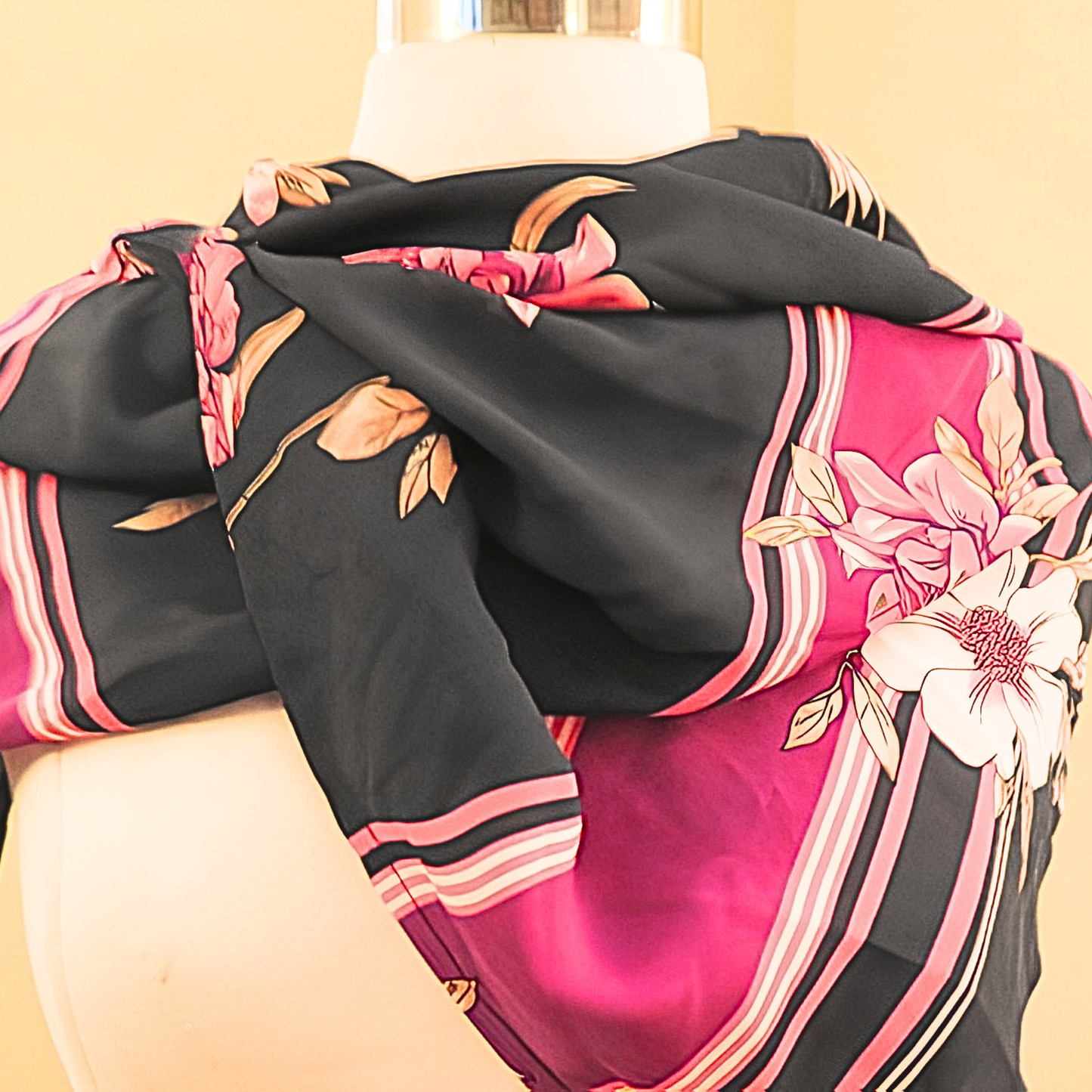 Women's Black Pink Floral Stripe Chiffon Scarf & Headband Set | Magenta Bloom Border Print | One Size Fits All Glamour Accessory Set