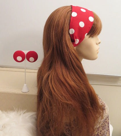 white red poka dot headband and earring