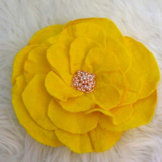 Large handmade yellow fabric flower brooch for women