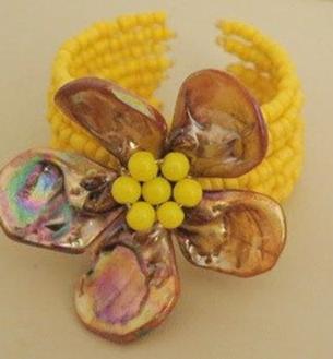 Yellow flower seed bead cuff bracelet for women