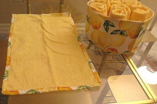 Yellow lemon print kitchen basket and towel set