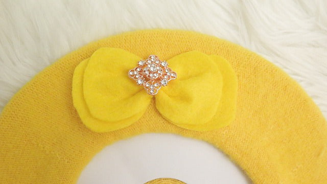 Yellow rhinestone bow French beret for women