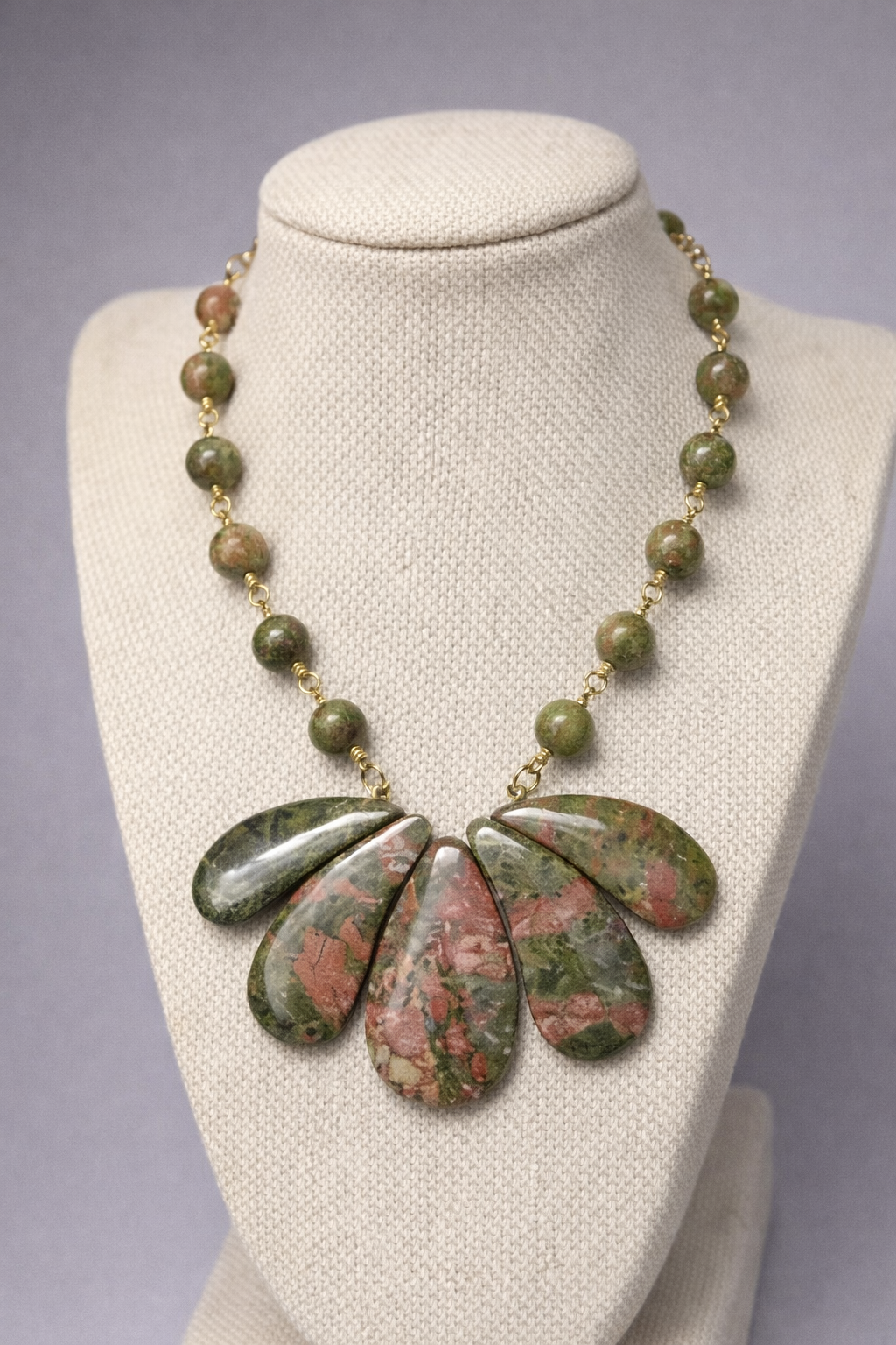 Unakite Stone Fan Bib Necklace | 19" Handcrafted Gold Wire Natural Stone Teardrop Collar Necklace with Toggle Clasp for Women