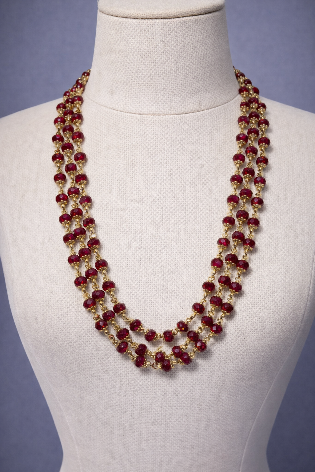 Burgundy Garnet Triple Strand Crystal Necklace | 20" Handcrafted Gold Wire 3-Layer 4mm Bead Collar Necklace with Gold Toggle Clasp for Women