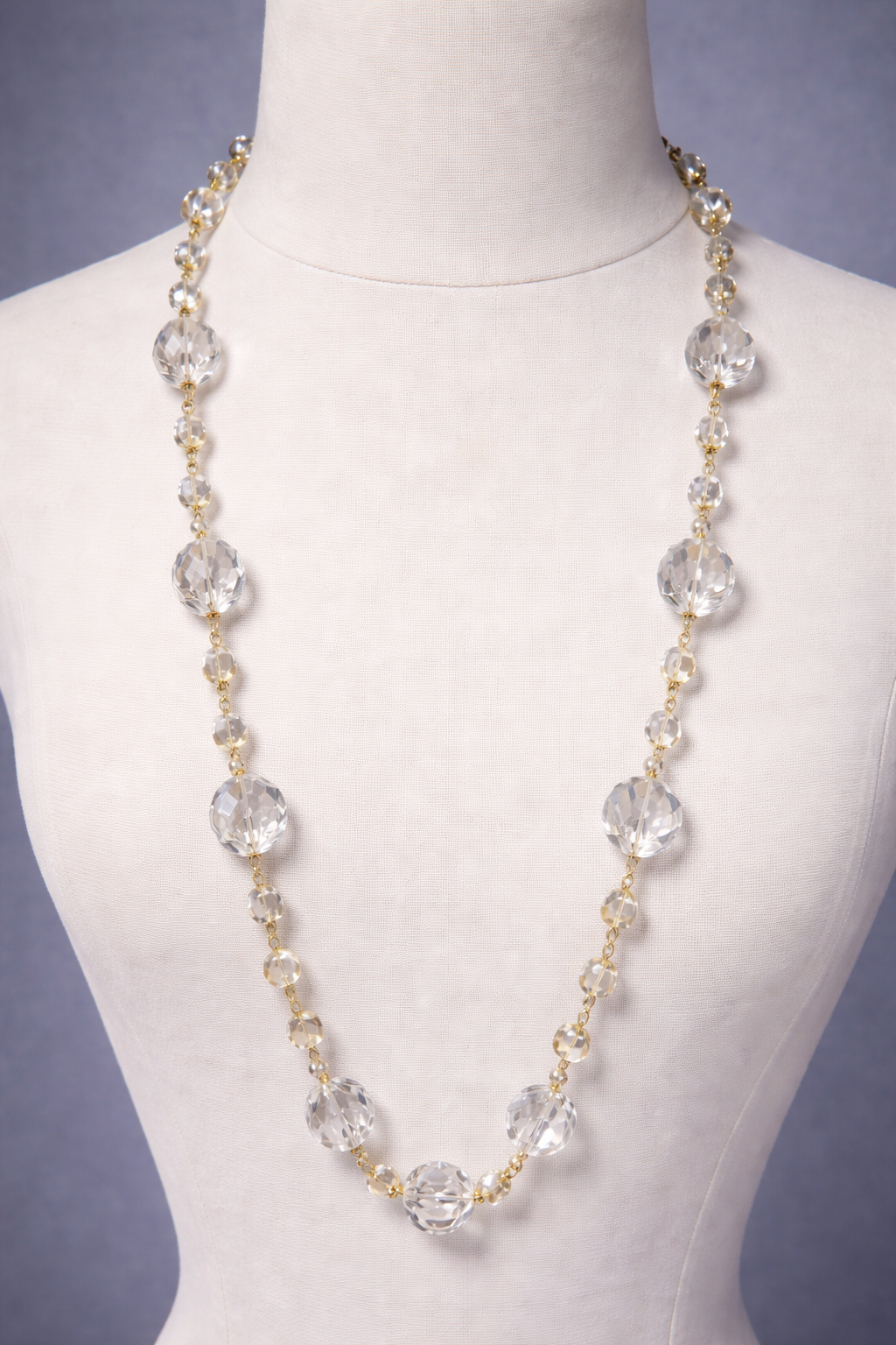 Clear Crystal Graduating Bead Long Necklace | 36" Handcrafted Gold Wire Faceted Crystal Statement Necklace with Heart Toggle Clasp for Women