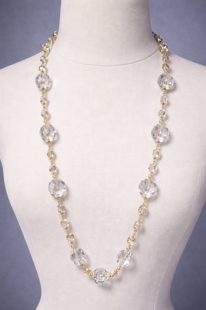 Clear Crystal Graduating Bead Long Necklace | 36" Handcrafted Gold Wire Faceted Crystal Statement Necklace with Heart Toggle Clasp for Women