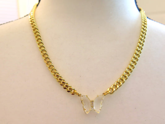 cuban necklace with clear beutterfly pendant