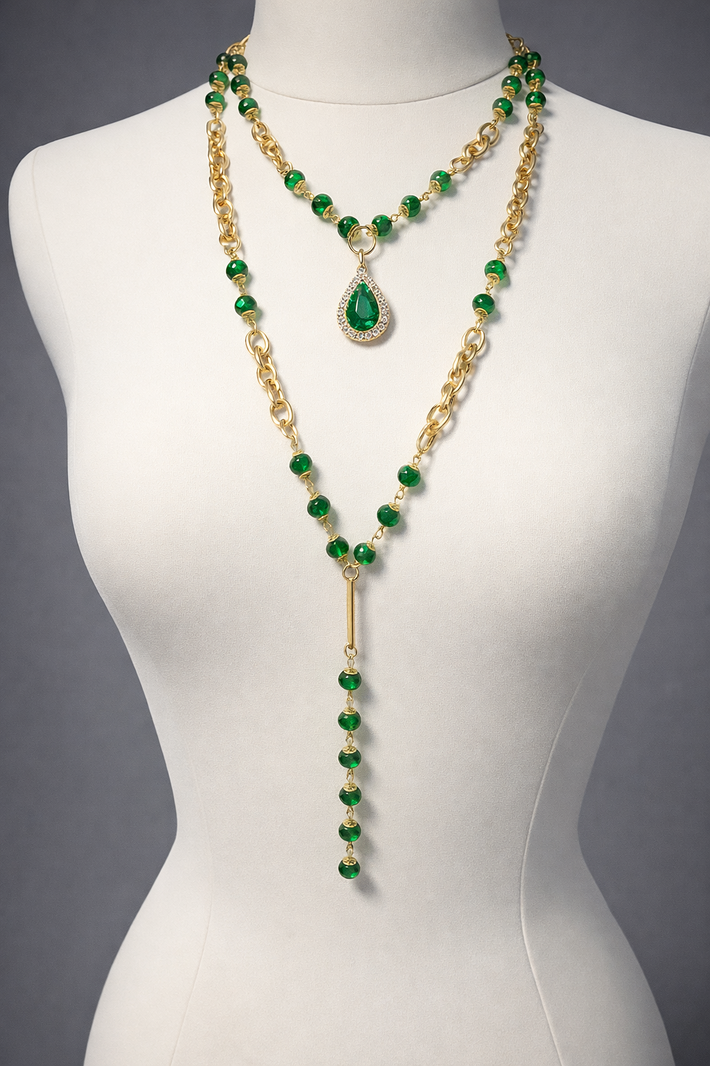 Emerald Green Double Strand Lariat Necklace | 19.5" & 28" Handcrafted Gold Chain Crystal Bead Set with Rhinestone Teardrop Pendant & Chain Drop