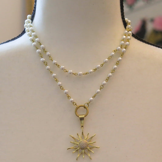 double Pearl necklace sunburst pendant