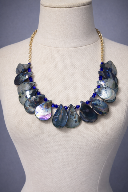 Iridescent Abalone Shell & Cobalt Crystal Bib Necklace | 18" Handcrafted Gold Chain Graduating Shell Collar with Lobster Clasp & 3" Extension
