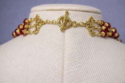Burgundy Garnet Triple Strand Crystal Necklace | 20" Handcrafted Gold Wire 3-Layer 4mm Bead Collar Necklace with Gold Toggle Clasp for Women