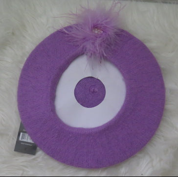Purple feather rhinestone fur French beret for women