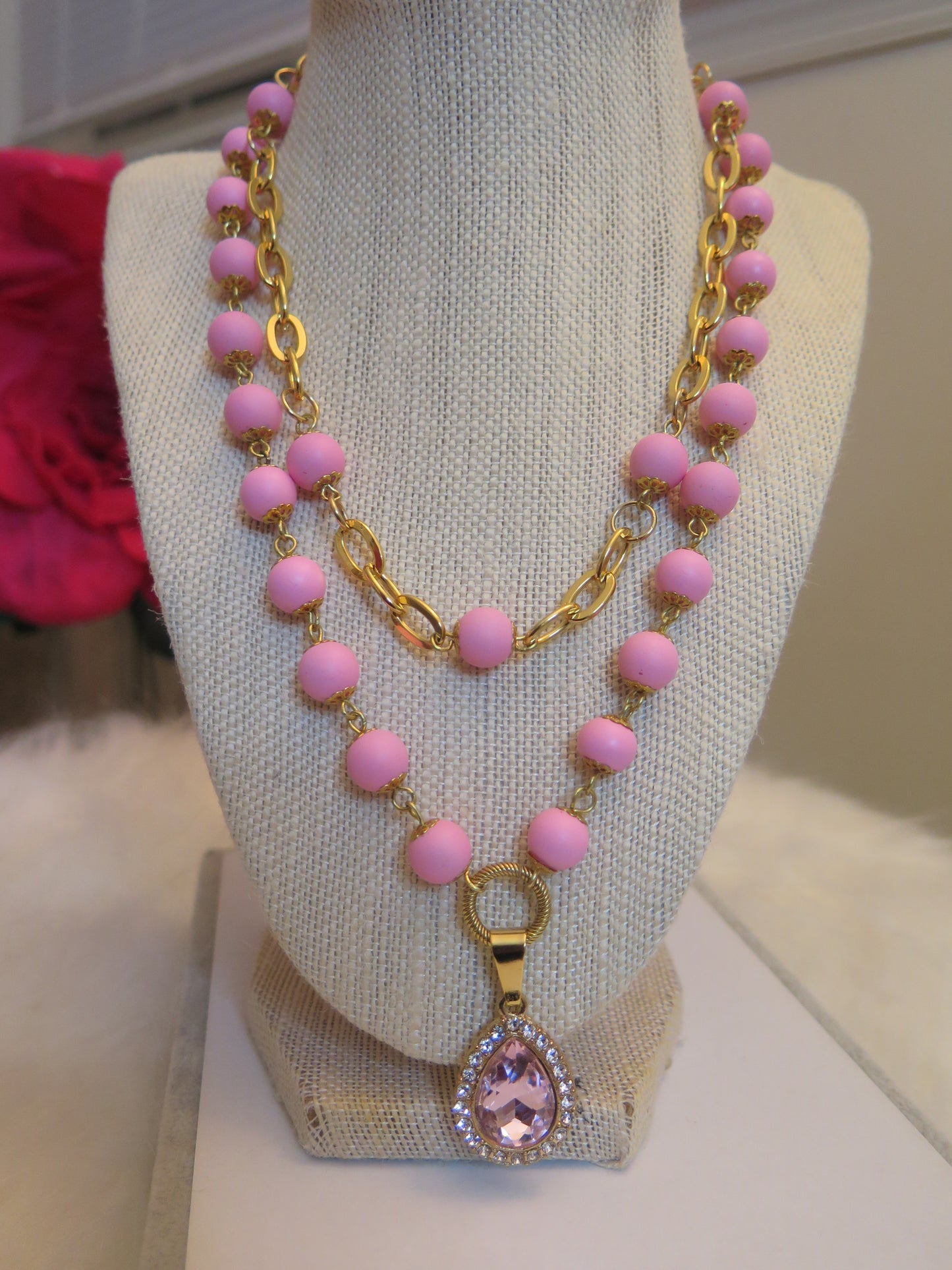 pink gold double necklace